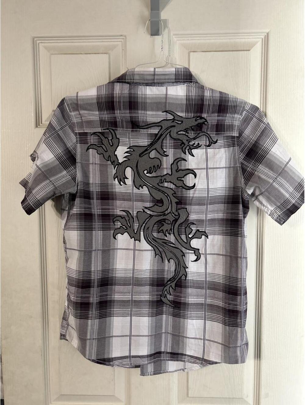 vintage HELIX dragon embroidered plaid button-up kids XL